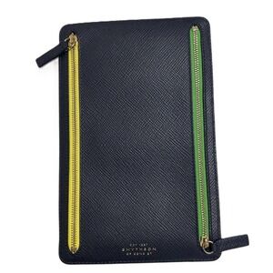 SMYTHSON Panama Travel Wallet Navy‎ Leather Document Holder Zip Bond Street